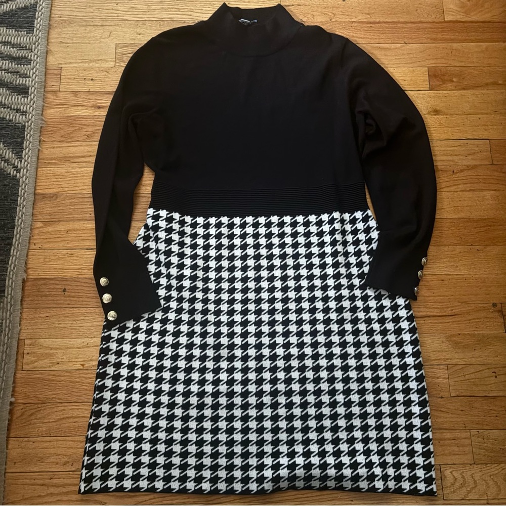 Karl Lagerfeld Black Houndstooth Turtleneck Pencil Dress Size  XL